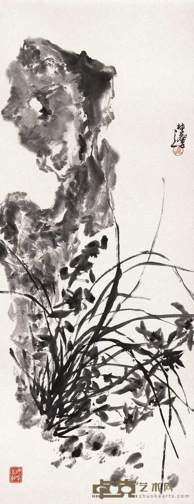 卢坤峰 兰石图 轴 92.5×34cm
